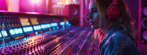  The art of sound mixing by a woman engineer, in a neon-lit scene, seen in a revealing medium shot