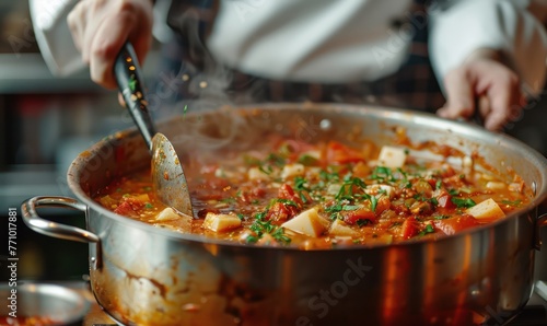 A chef stirring a pot of Italian minestrone soup