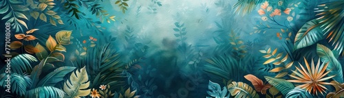 A lush watercolor depiction of a tropical jungle canopy, the variety of leaves set against a solid, deep teal background