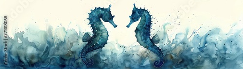 A pair of seahorses twirling in a dance, their forms blending into the watercolor background of cerulean and teal