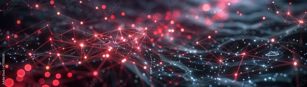 Abstract wireframe network of a blockchain system, with nodes flashing red to signal compromised points Abstract wireframe network of a blockchain system, with nodes flashing red to signal compromised points