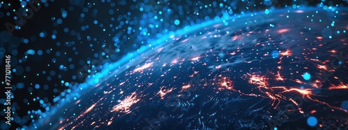 Blue light patterns swirling around a digital globe, representing global blockchain operations
