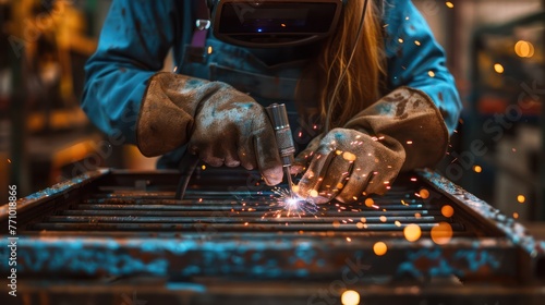 Close-up of a woman s hands skillfully welding a delicate metal frame