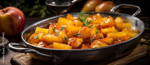 A pan filled with a mix of potatoes and apples is displayed on a rustic wooden table. This dish combines the flavors of two delicious ingredients, perfect for a hearty meal