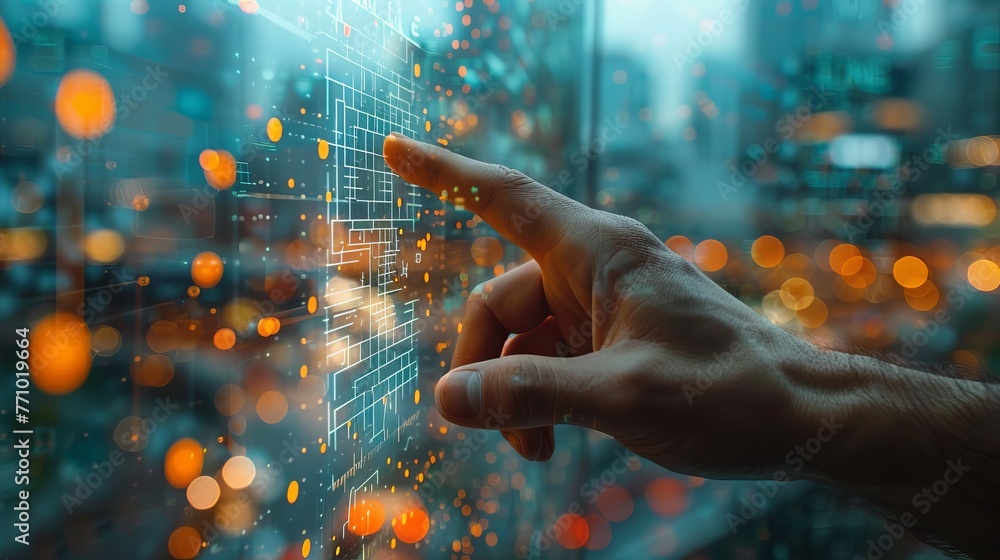 A man's hand is shown pushing a digital screen against an office background. A man's hand is shown pushing a digital screen against an office background.