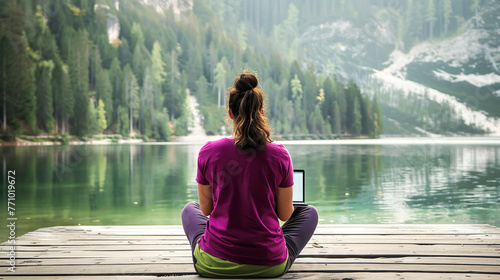 Woman sitting quietly on a wooden dock working on her laptop, overlooking a serene mountain lake and forest.