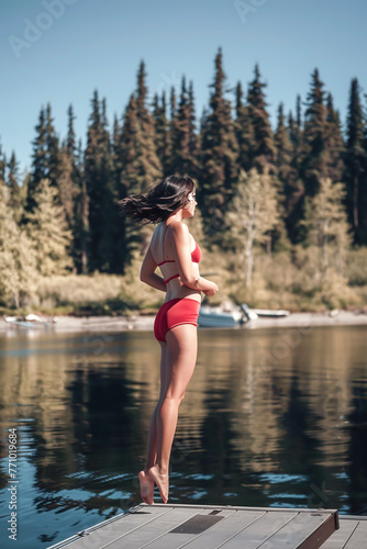 Woman in a red bikini poised to jump into a lake with forested background, clear sky.