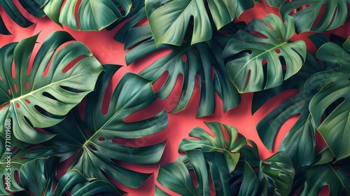 Minimal Summer: Philodendron Tropical Leaves on Coral Background