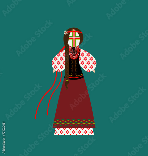 Motanka Ukrainian traditional handmade doll vector illustration for cards, banners, and posters. Bright drawing with a traditional doll. Motanka Doll wearing an embroidered costume