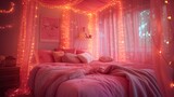 Enchanting close-up of a canopy bed adorned with fairy lights and plush cushions, creating a ma