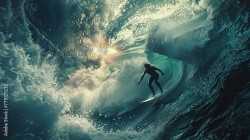 In perfect harmony with the ocean's rhythm, a surfer glides along the face of a wave, capturi