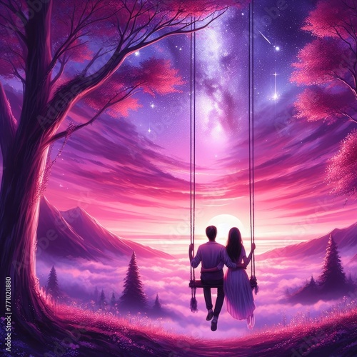 In this painting, a couple rides on a swing in the sky amidst a backdrop of a beautiful purple-pink sunset and a starry night sky, creating a romantic and dreamy atmosphere.        © Elshad Karimov