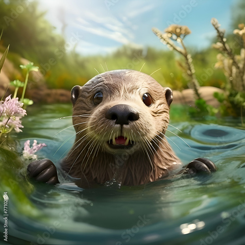 Portrait of an Asian small clawed otter swimming in water