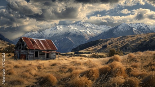 Old house in the middle of a meadow with mountain views.AI generated image #771021223
