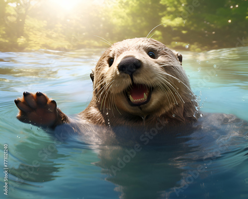 Otter swimming in the water on a sunny summer day.