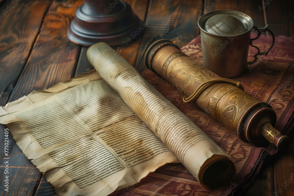 Table with ancient papyrus a old torah scroll AI Generative