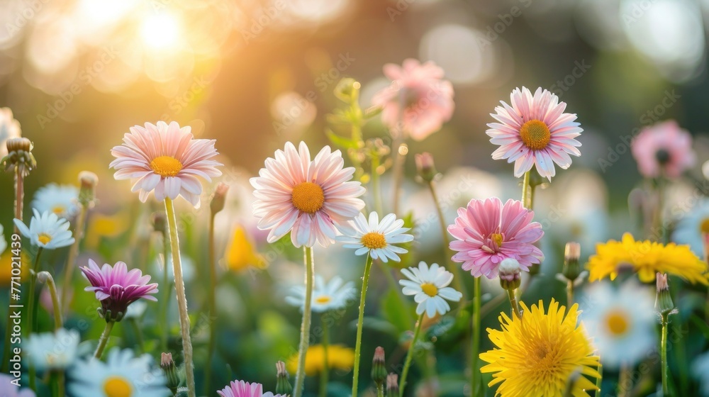 Spring Meadow Abloom: White & Pink Daisies and Yellow Dandelions on a Sunny Day Spring Meadow Abloom: White & Pink Daisies and Yellow Dandelions on a Sunny Day