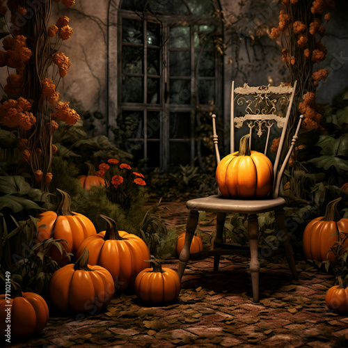 3d render of halloween scene with pumpkins and chair