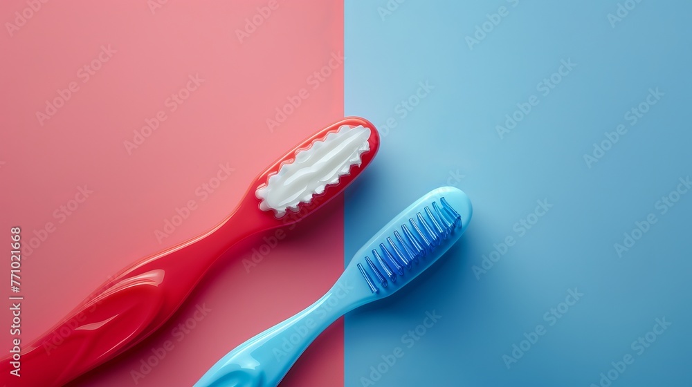 A red toothbrush with blue two-color toothpaste is pictured against a background featuring a human smile, emphasizing dental hygiene and health maintenance.