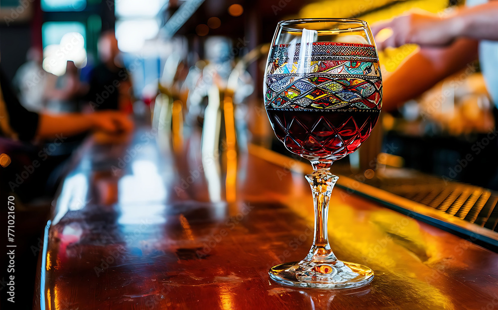 Colorful wine glass with wine in a bar