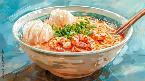 Illustrated Bowl of Authentic Hokkien Mee Generative AI photo