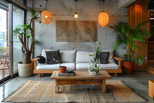 living space in the style of industrial design  nordic and Japanese elements 