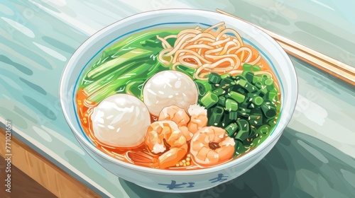 Illustrated Bowl of Authentic Hokkien Mee Generative AI photo