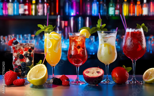 Many different refreshing colorful fruit cocktails with ice lemon mint and berries on a bar counter night club party with soft drinks