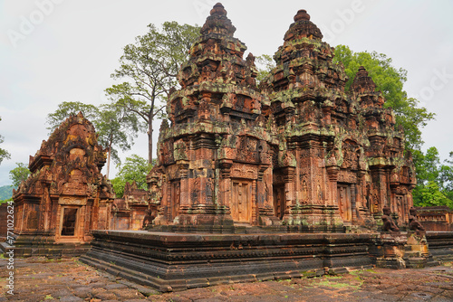 Banteay Srei - 10th century Hindu temple and masterpiece of old Khmer architecture built by Yajnavaraha in red sandstone at Siem Reap, Cambodia, Asia photo