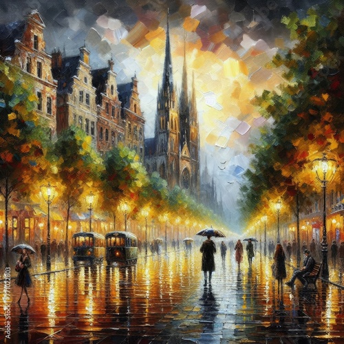 In this oil painting titled  Rainy Day   the artist portrays the ambiance of rainfall using subtle brushstrokes and muted colors.       