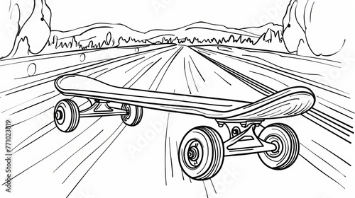 A single continuous line drawing of an old retro skateboard on a street road embodies a trendy hipster extreme classic sport concept.
