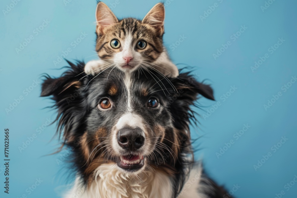 Adorable Black and White Border Collie with a Cat on Its Head Posing for the Camera Generative AI Adorable Black and White Border Collie with a Cat on Its Head Posing for the Camera Generative AI