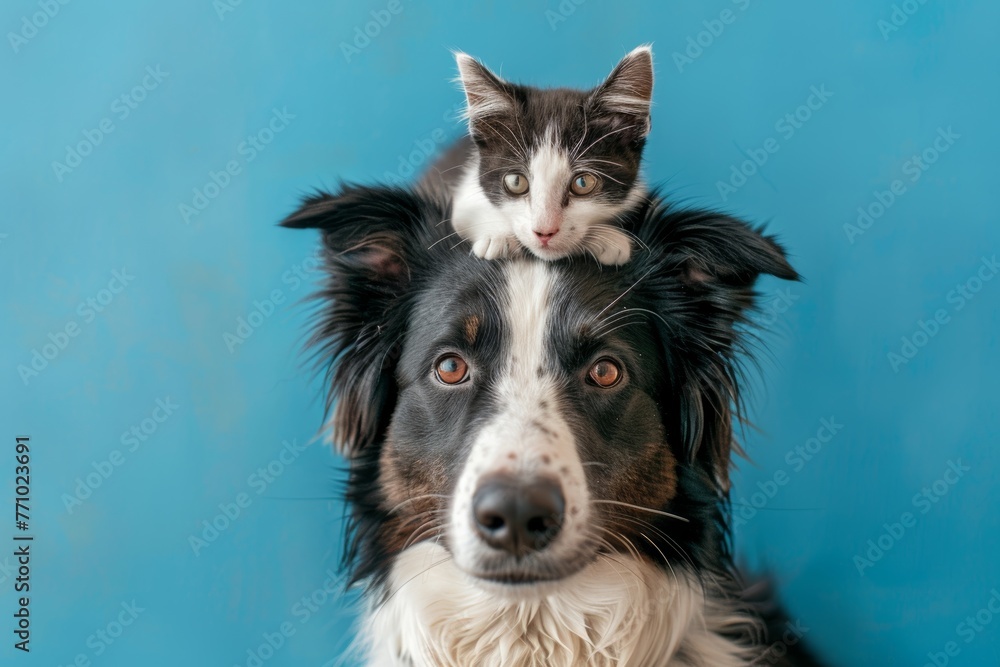 Adorable Black and White Border Collie with a Cat on Its Head Posing for the Camera Generative AI Adorable Black and White Border Collie with a Cat on Its Head Posing for the Camera Generative AI