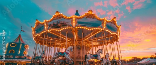 A merry-go-round with horses and lights at sunset. Generative AI.