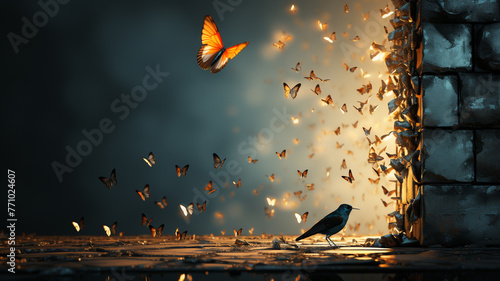 A beautiful sight of a bird and butterflies in flight. photo