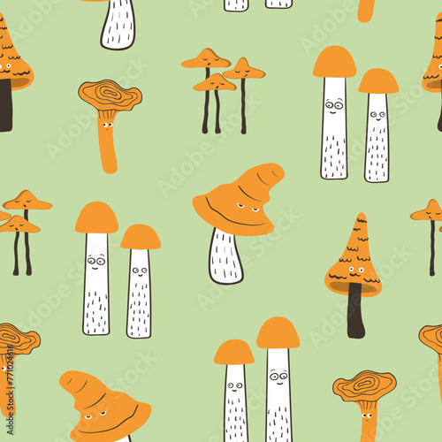 Funny mushrooms with eyes seamless pattern. Vector print with characters