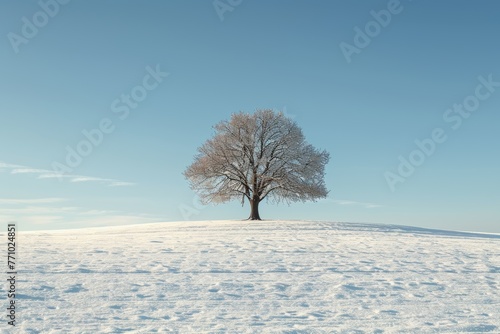 Solitary Tree Standing in Snow-Covered Wilderness Generative AI