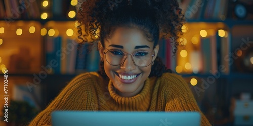 A woman smiling while using a laptop computer. Generative AI.