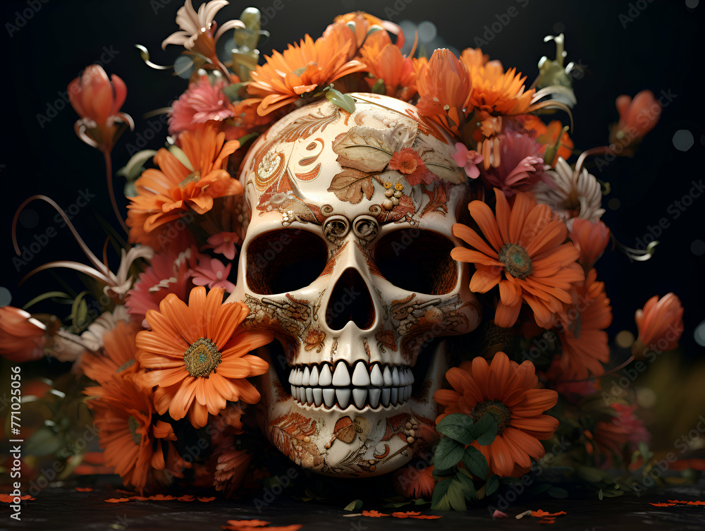 Day of the dead skull with flowers. 3d illustration