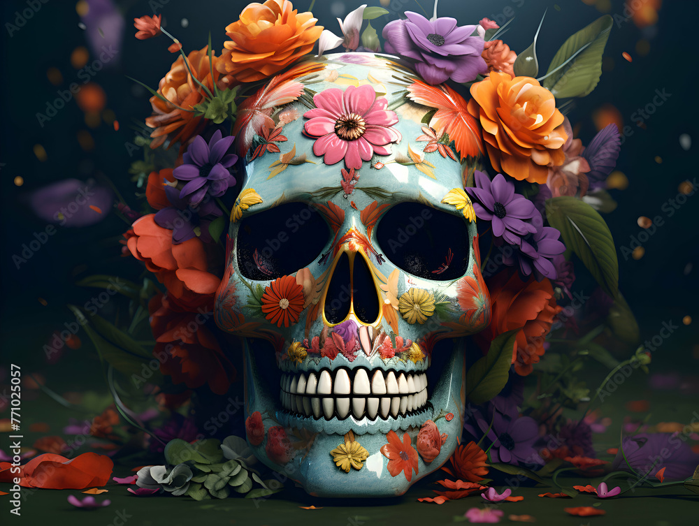 Day of the Dead skull with floral bouquet. 3d illustration