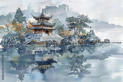A small temple on an island in the middle of a lake, depicted in a watercolor and ink sketch in the style of Chinese artists photo