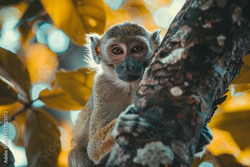 Playful Monkey Perched on a Tree Branch Generative AI © AlexandraRooss