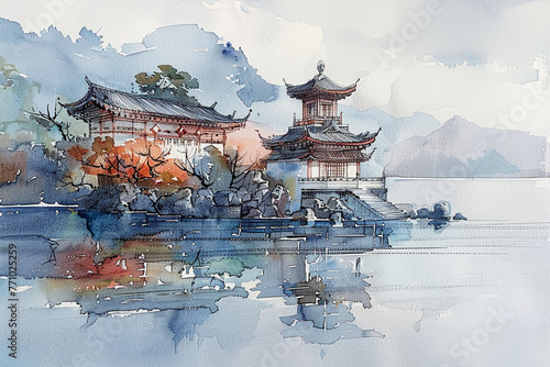 A small temple on an island in the middle of a lake, depicted in a watercolor and ink sketch in the style of Chinese artists