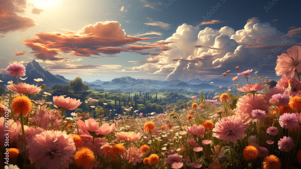 Captivated by the ethereal beauty of this landscape, where colorful flowers and fluffy clouds create a mesmerizing scene. ️ - obrazy, fototapety, plakaty 