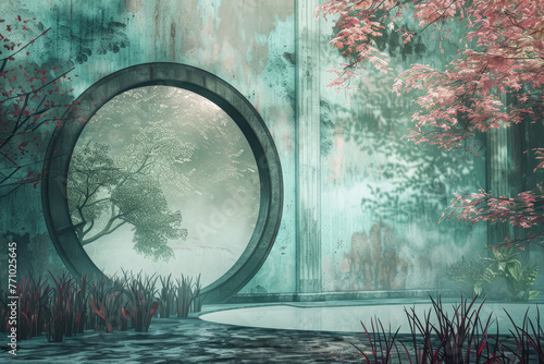 A moon gate stands in a misty garden. Beyond its circular frame  layers of color blend seamlessly--jade green  peach pink  and azure blue.
