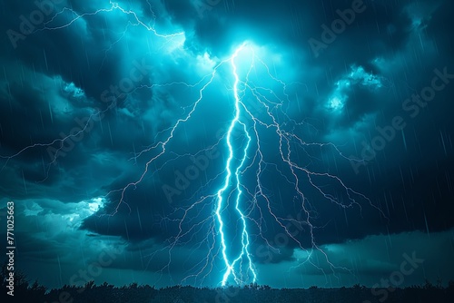 Lightning Bolt Striking Through Cloudy Sky