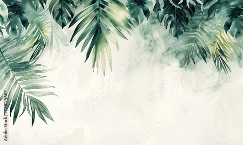 wallpaper watercolor style illustration with 3d hanging palm luxury leaves. AI generated illustration photo