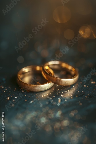 Wedding Rings Set on Dark Background in Japanese Graphy Rustic Realism Style with Amber and Silver Hues Generative AI
