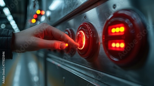 A worker's hand is positioned near a stop button, ready to press it in case of an emergency.