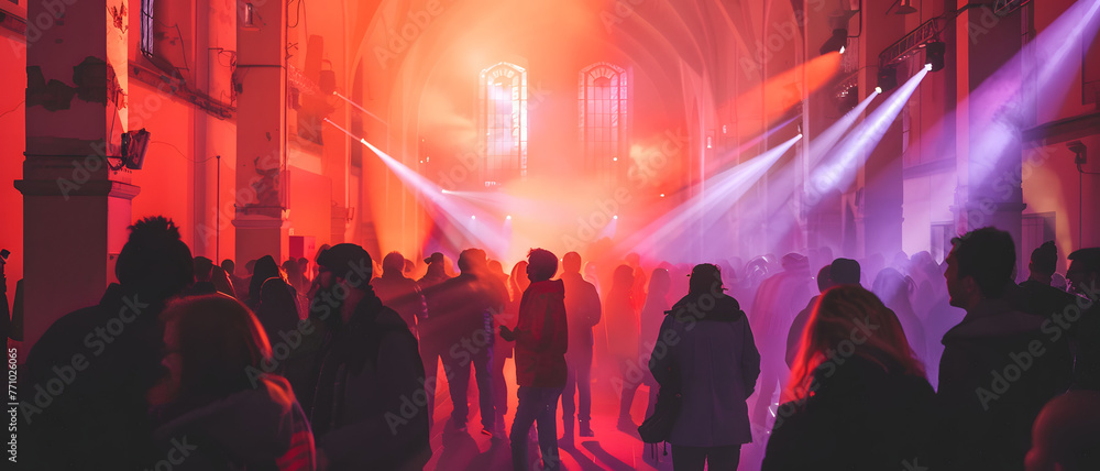 A sea of silhouettes against vibrant lights in a church turned music venue creates an electrifying atmosphere